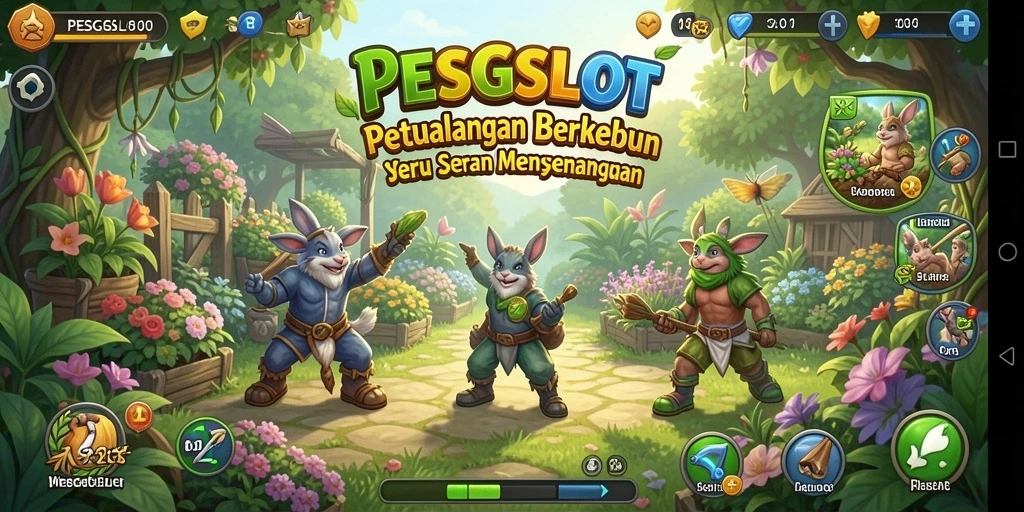 Tampilan gameplay PESGSLOT dengan ladang yang indah dan tanaman beragam.