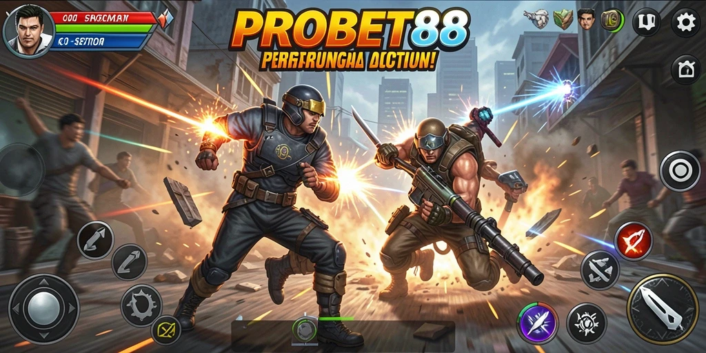 Tampilan gameplay PROBET88 dengan aksi menegangkan dan karakter keren.
