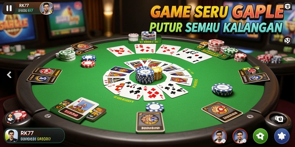 Screenshot utama RK77 menunjukkan gameplay seru permainan Gaple.
