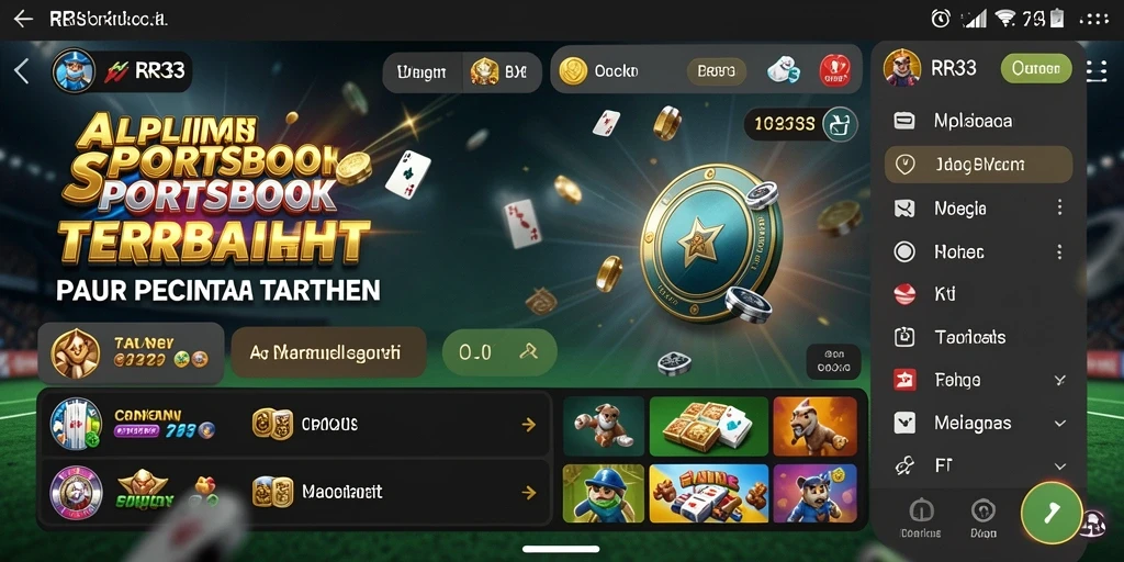 Screenshot gameplay Sportsbook dengan taruhan langsung dan pilihan olahraga.