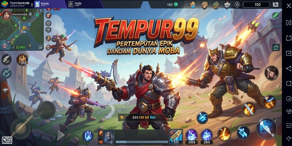 Tangkapan layar gameplay MOBA yang menampilkan pertempuran epik di TEMPUR99.
